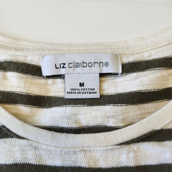 Liz Claiborne Women's Cap Sleeve Tee Army Green Striped 100% cotton Size Large - Picture 5 of 7